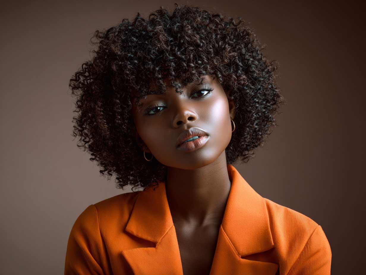 Black woman with tight coily hair in a blunt bob haircut, strong clean edges, high volume silhouette, glowing natural skin, studio lighting, minimalist background, full-length fashion-forward streetwear outfit, editorial photography