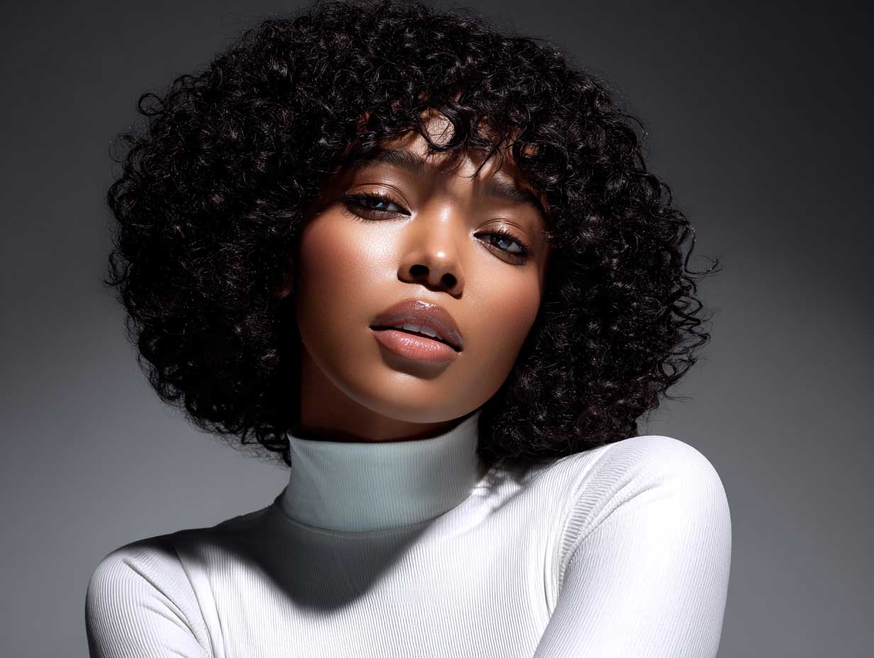 Black woman with tight coily hair in a blunt bob haircut, strong clean edges, high volume silhouette, glowing natural skin, studio lighting, minimalist background, full-length fashion-forward streetwear outfit, editorial photography