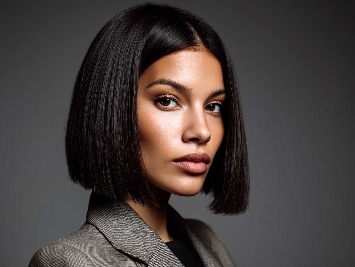 Close-up of woman with straight blunt bob haircut and sharp middle part, dark hair, neutral-toned outfit, studio background, elegant styling, crisp lighting
