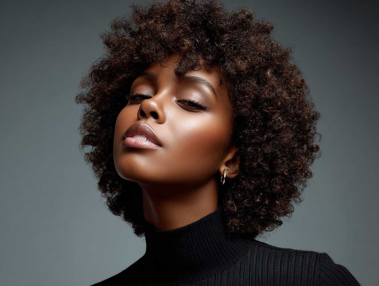 Black woman with tight coily hair in a blunt bob haircut, strong clean edges, high volume silhouette, glowing natural skin, studio lighting, minimalist background, full-length fashion-forward streetwear outfit, editorial photography