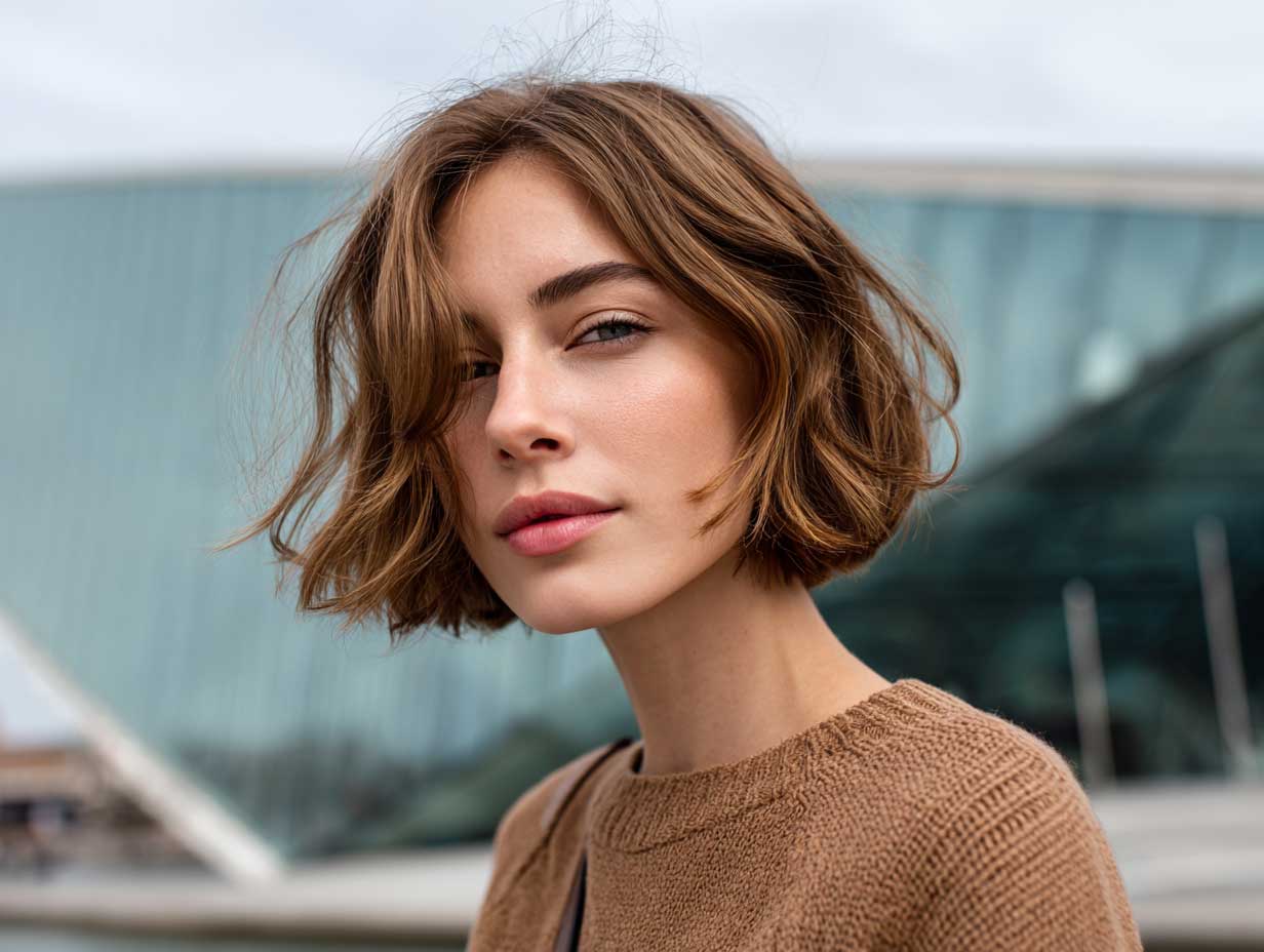 Female model with blunt bob haircut and natural waves, precise middle part, casual outfit, urban backdrop, daylight photography, clean modern aesthetic
