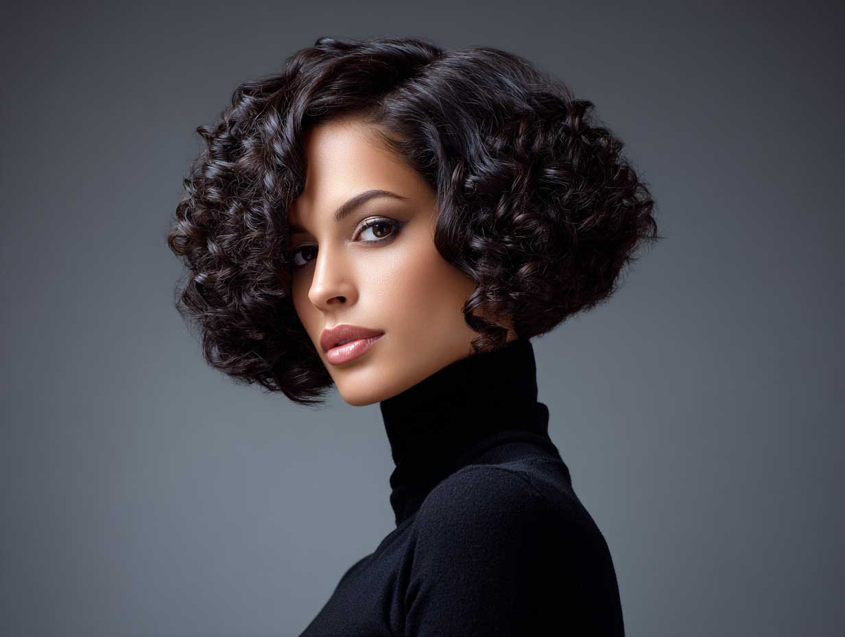 Blunt bob haircut on woman with tight curls and asymmetrical part, volume concentrated on one side, bold fashion styling, clean studio backdrop, soft diffused lighting, natural makeup, full-length figure