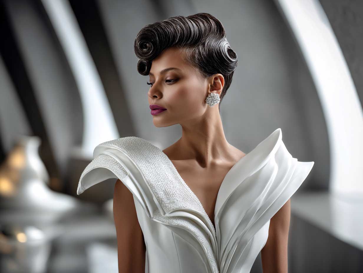 avant-garde bridal beauty, short hair styled in an abstract wave pompadour, futuristic wedding gown with sculptural neckline, sharp metallic background, soft diffused light