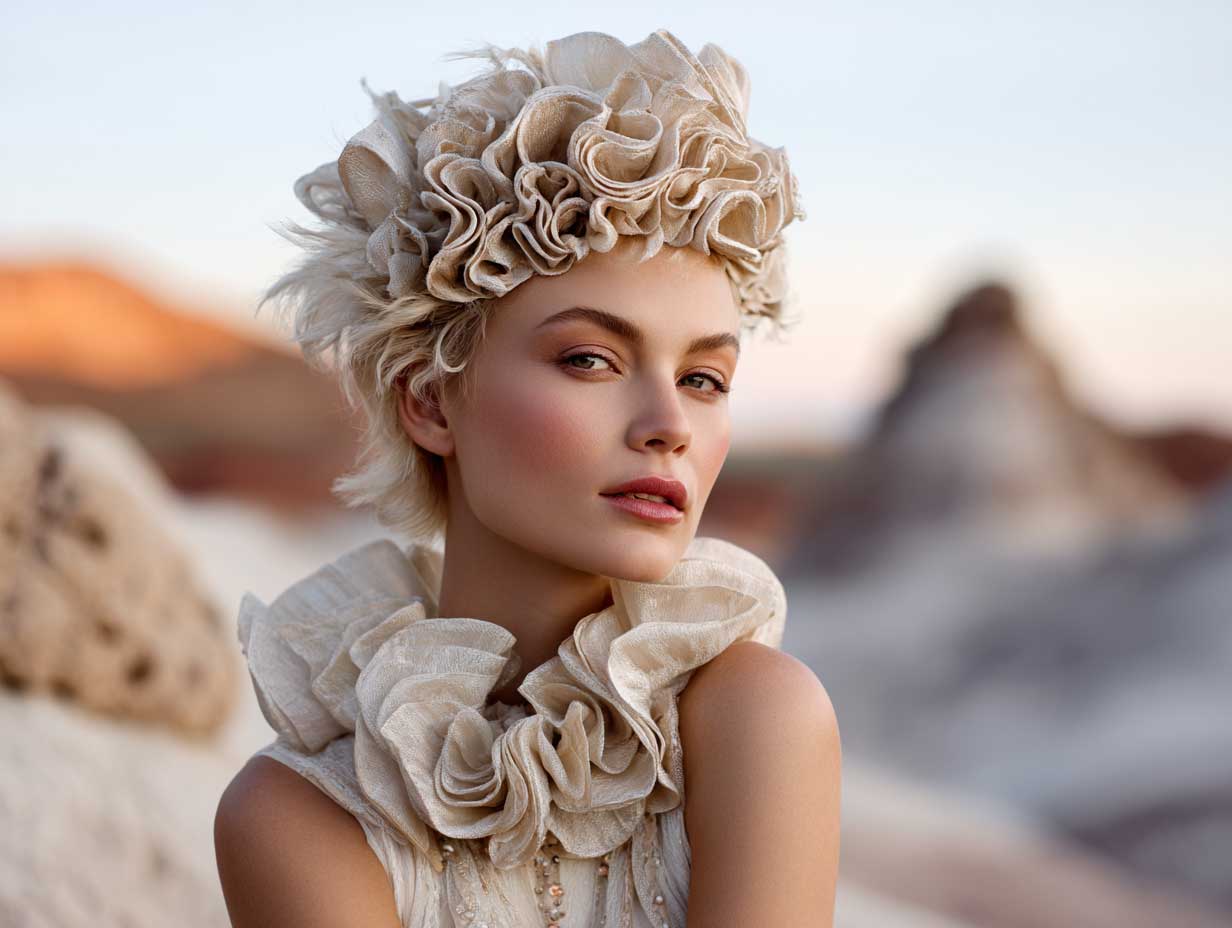 golden blonde bridal hair, short and voluminously textured like volcanic ridges, glowing crown accessory, sheer ruffled gown, surreal desert backdrop, warm sunset tones
