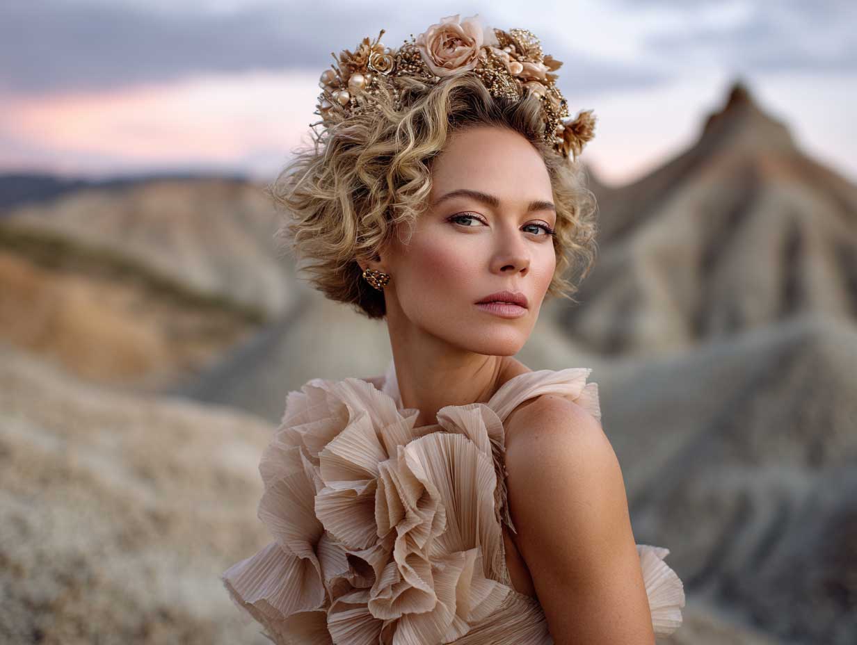 golden blonde bridal hair, short and voluminously textured like volcanic ridges, glowing crown accessory, sheer ruffled gown, surreal desert backdrop, warm sunset tones
