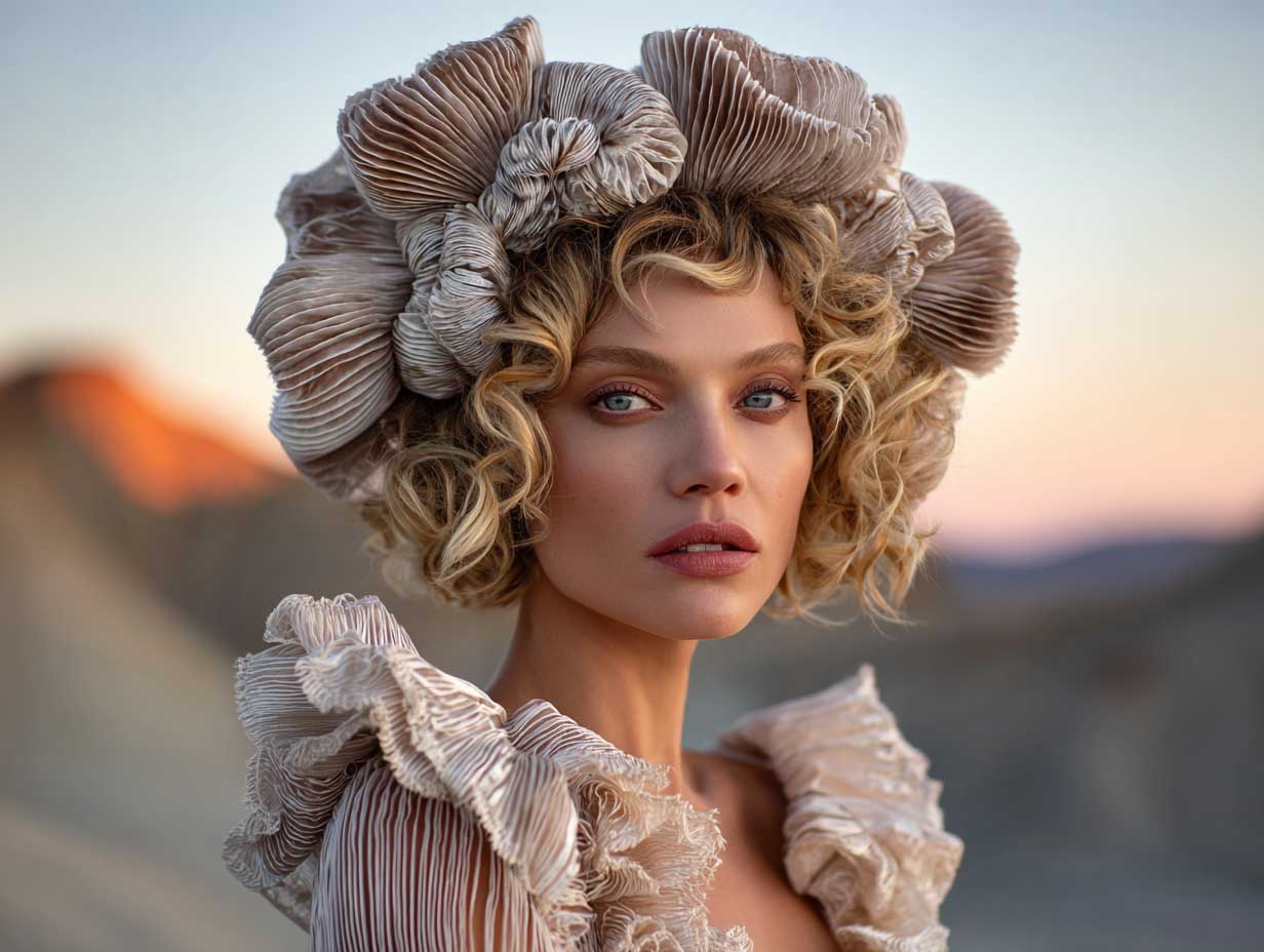 golden blonde bridal hair, short and voluminously textured like volcanic ridges, glowing crown accessory, sheer ruffled gown, surreal desert backdrop, warm sunset tones