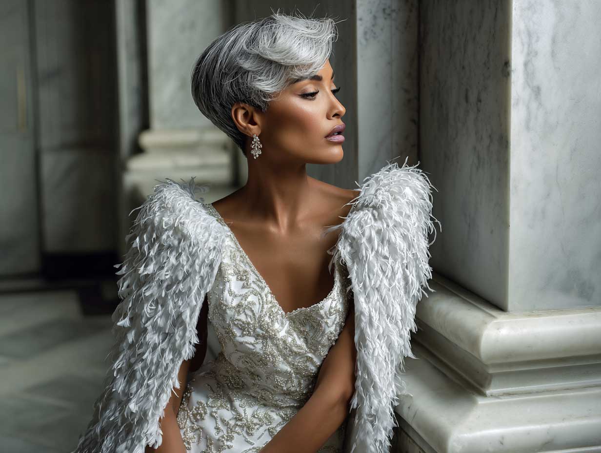 silver-haired bride with short sculpted feather layers, sharp cheekbone contour, satin embroidered cape gown, moonlit marble setting, editorial fashion lighting