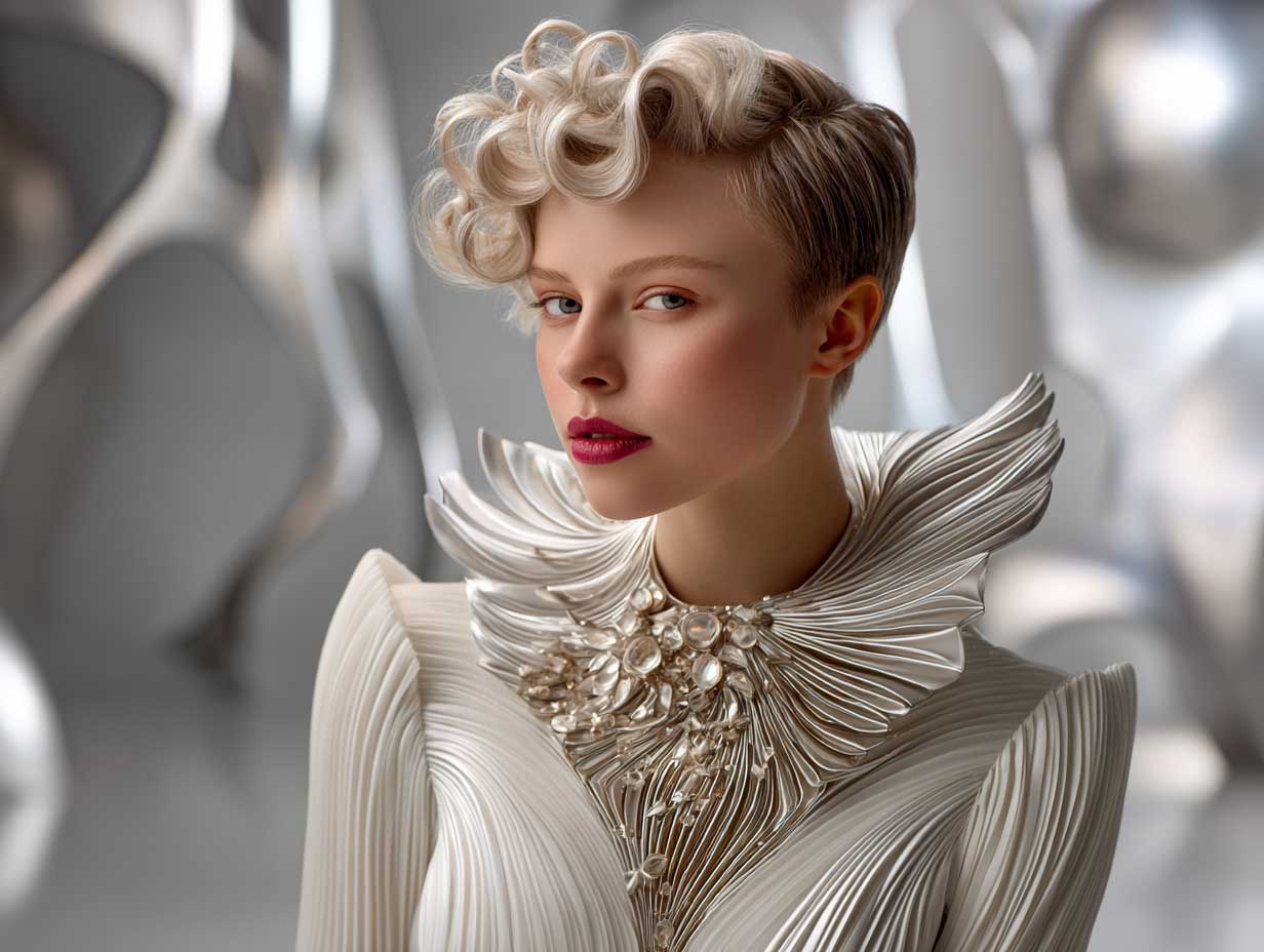 avant-garde bridal beauty, short hair styled in an abstract wave pompadour, futuristic wedding gown with sculptural neckline, sharp metallic background, soft diffused light