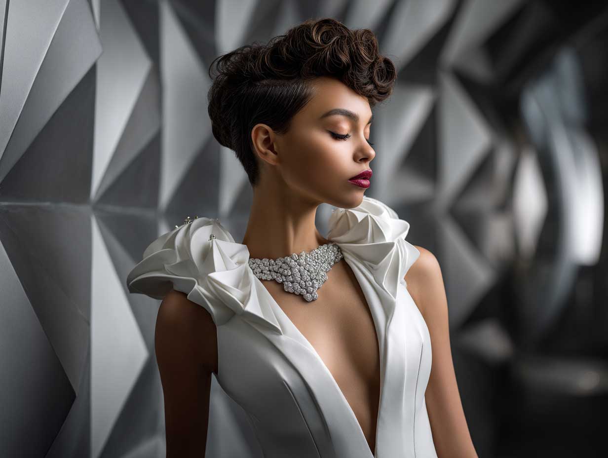 avant-garde bridal beauty, short hair styled in an abstract wave pompadour, futuristic wedding gown with sculptural neckline, sharp metallic background, soft diffused light