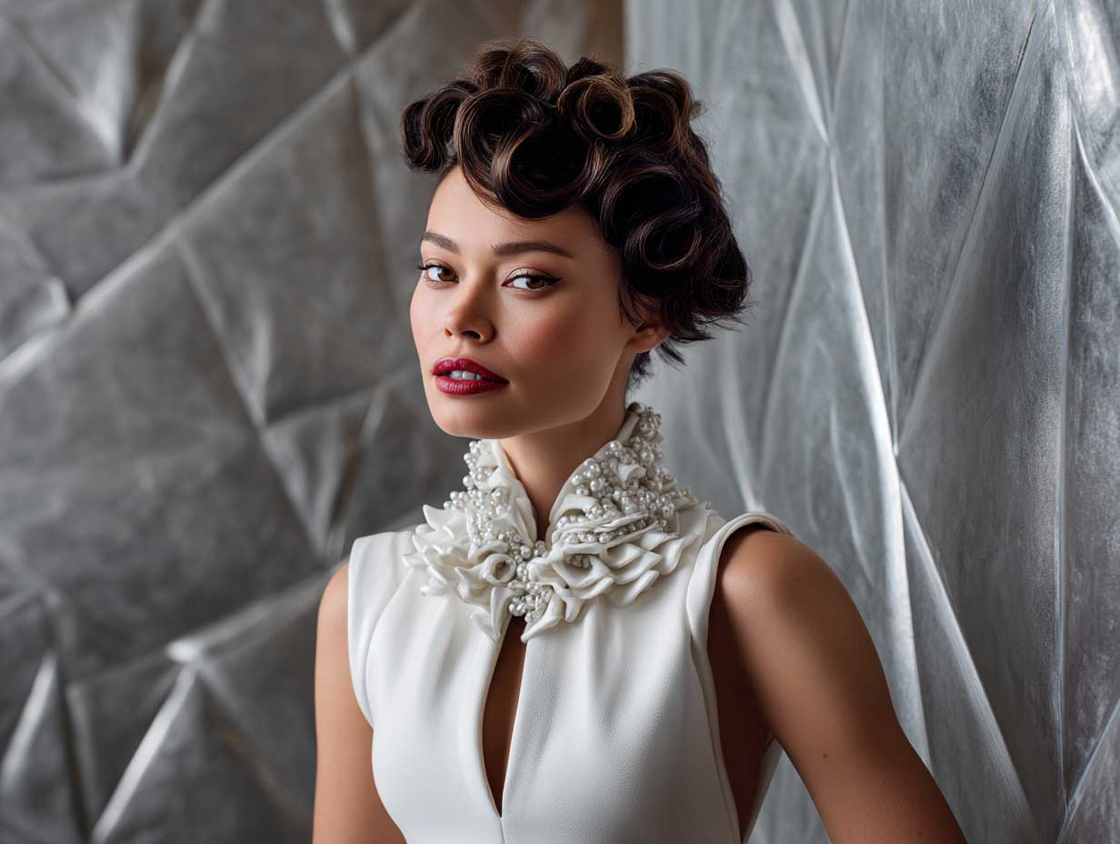 avant-garde bridal beauty, short hair styled in an abstract wave pompadour, futuristic wedding gown with sculptural neckline, sharp metallic background, soft diffused light