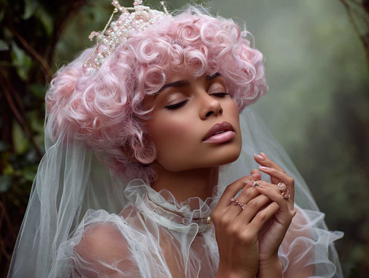 ethereal bridal fashion, short bubblegum pink hair in voluminous soft curls shaped like a crown, iridescent veil, translucent wedding dress, magical misty garden background