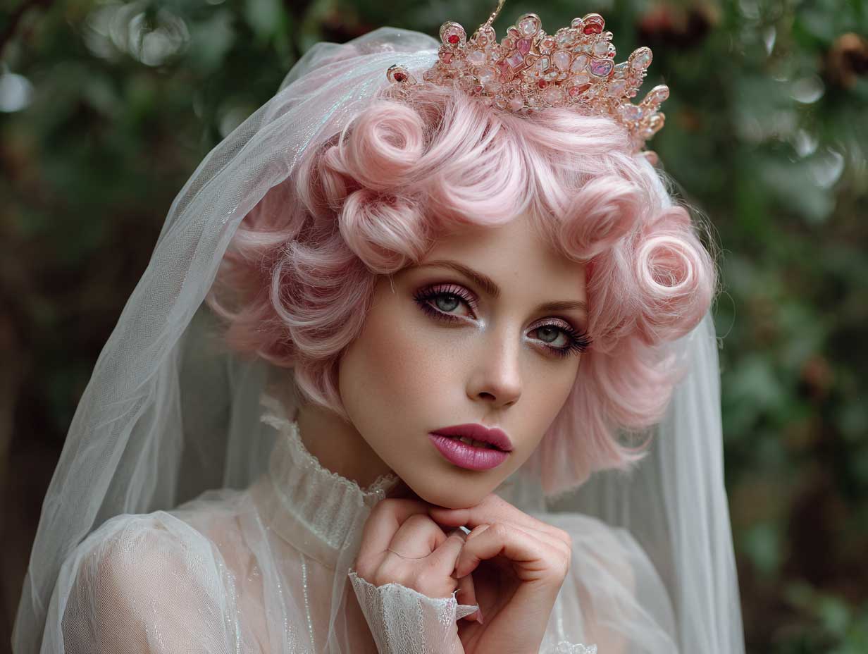 ethereal bridal fashion, short bubblegum pink hair in voluminous soft curls shaped like a crown, iridescent veil, translucent wedding dress, magical misty garden background