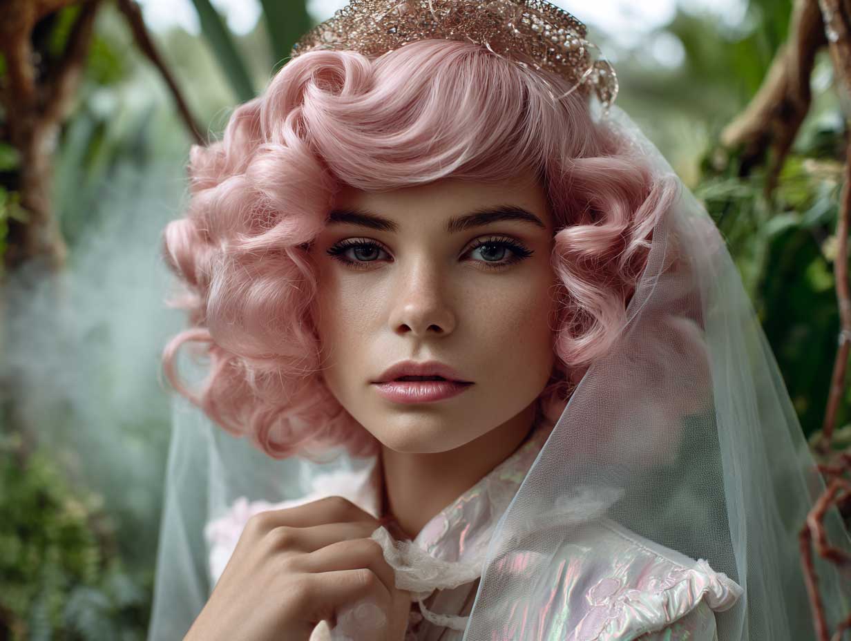 ethereal bridal fashion, short bubblegum pink hair in voluminous soft curls shaped like a crown, iridescent veil, translucent wedding dress, magical misty garden background