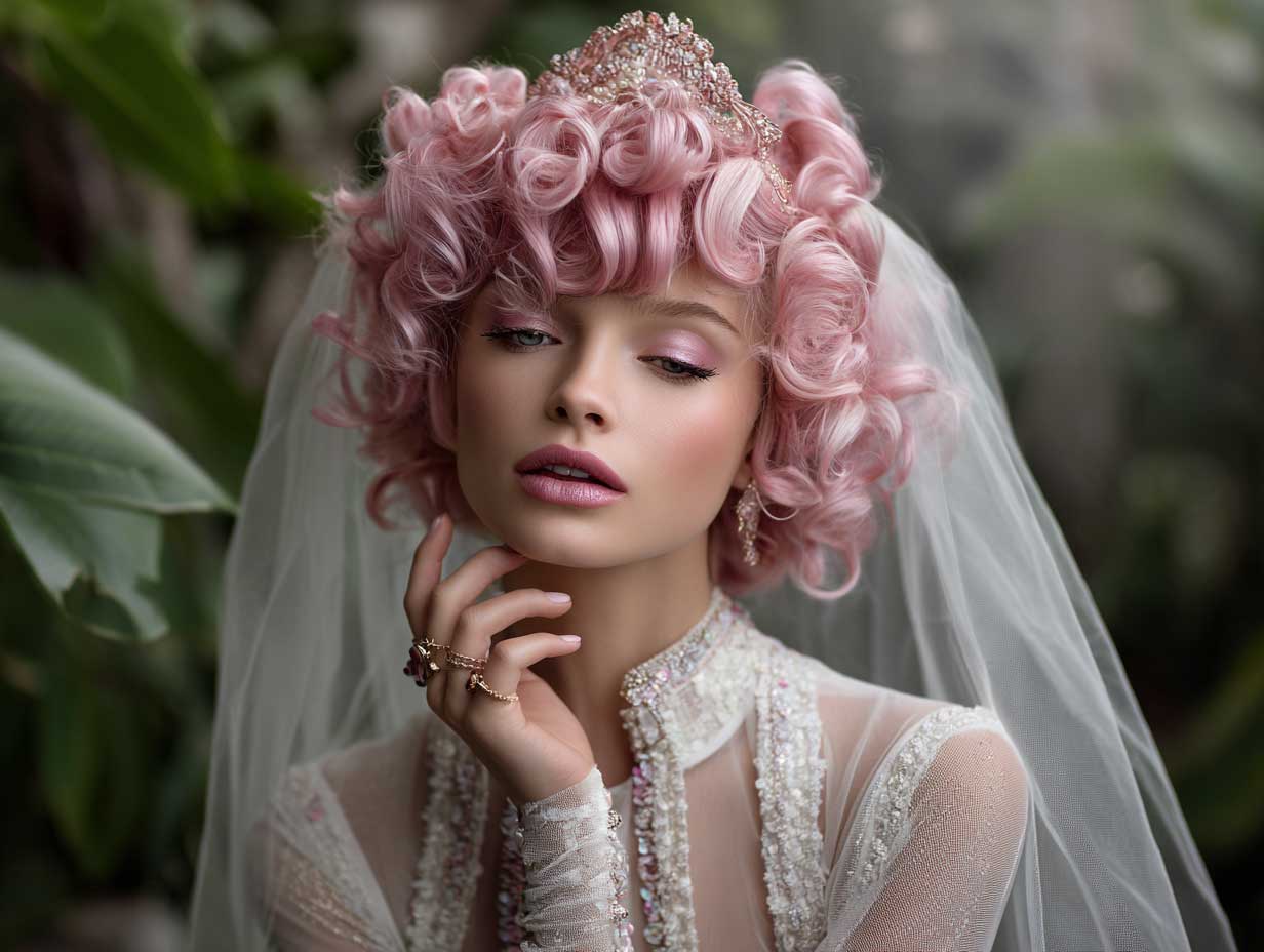 ethereal bridal fashion, short bubblegum pink hair in voluminous soft curls shaped like a crown, iridescent veil, translucent wedding dress, magical misty garden background