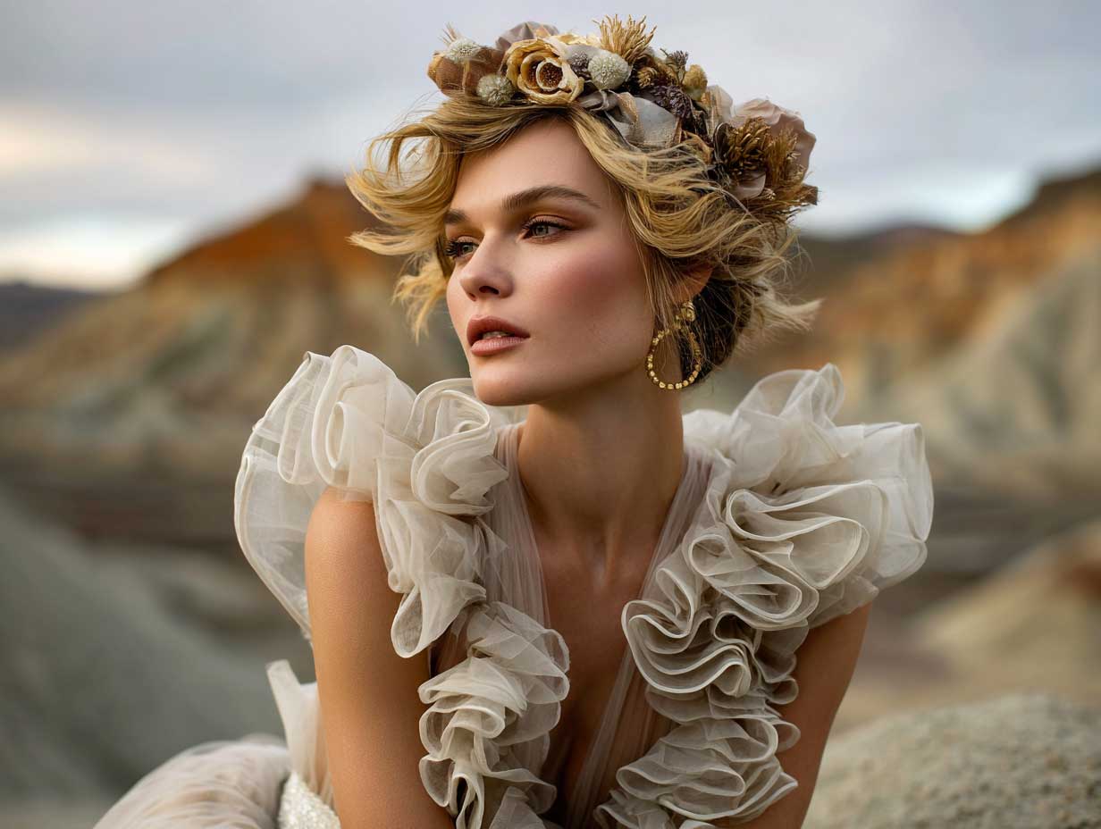 golden blonde bridal hair, short and voluminously textured like volcanic ridges, glowing crown accessory, sheer ruffled gown, surreal desert backdrop, warm sunset tones