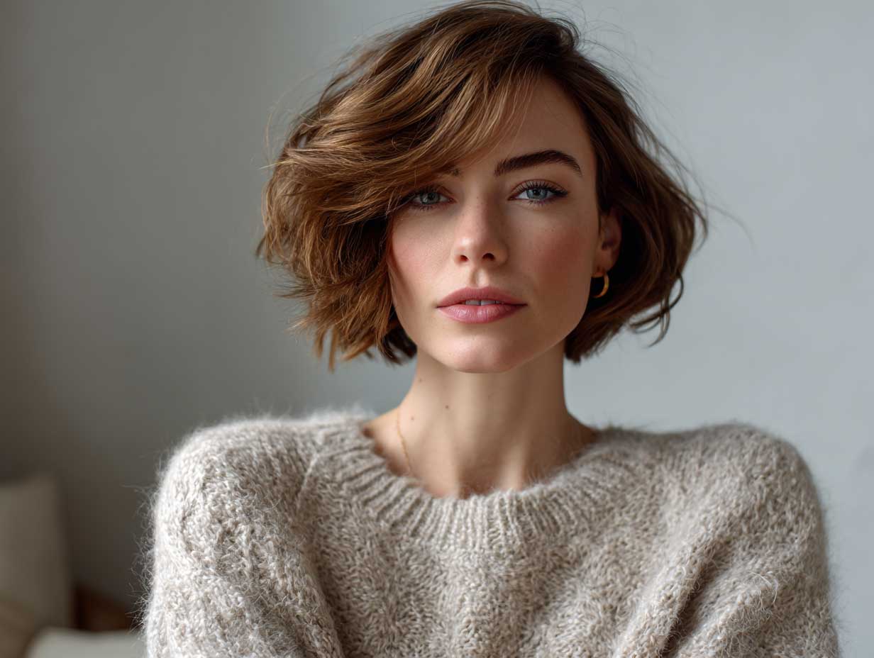 candid photo of a woman with thick light brown hair in a butterfly hair cut with natural texture, minimal makeup, cozy sweater, soft indoor lighting, relaxed aesthetic