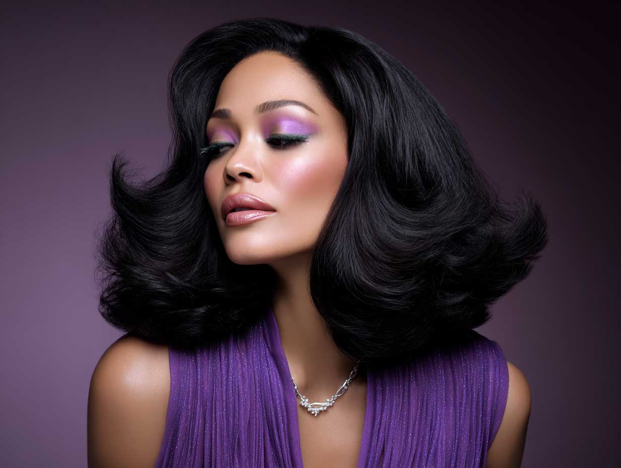 editorial photo of a woman with thick black hair in a butterfly hair cut with deep layers and flipped-out ends, retro makeup, 70s glam style, high-gloss finish, studio backdrop