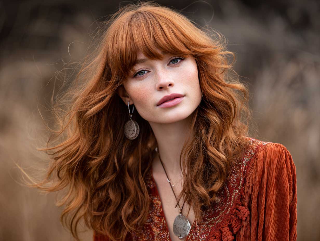 natural light photo of a woman with thick auburn hair in a butterfly hair cut with curtain bangs, soft waves, outdoor setting with wind movement, bohemian fashion, warm tones