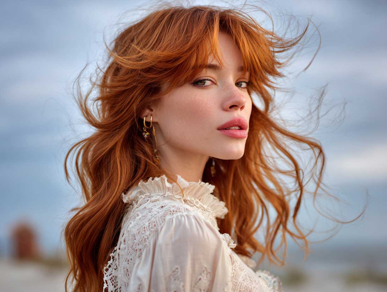 natural light photo of a woman with thick auburn hair in a butterfly hair cut with curtain bangs, soft waves, outdoor setting with wind movement, bohemian fashion, warm tones