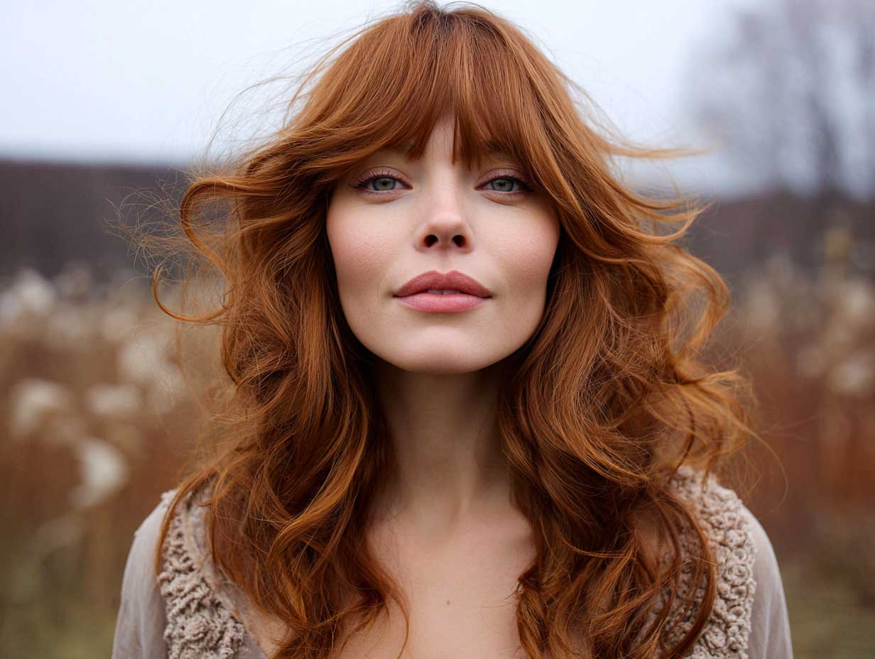 natural light photo of a woman with thick auburn hair in a butterfly hair cut with curtain bangs, soft waves, outdoor setting with wind movement, bohemian fashion, warm tones