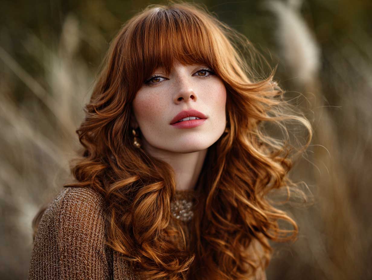 natural light photo of a woman with thick auburn hair in a butterfly hair cut with curtain bangs, soft waves, outdoor setting with wind movement, bohemian fashion, warm tones