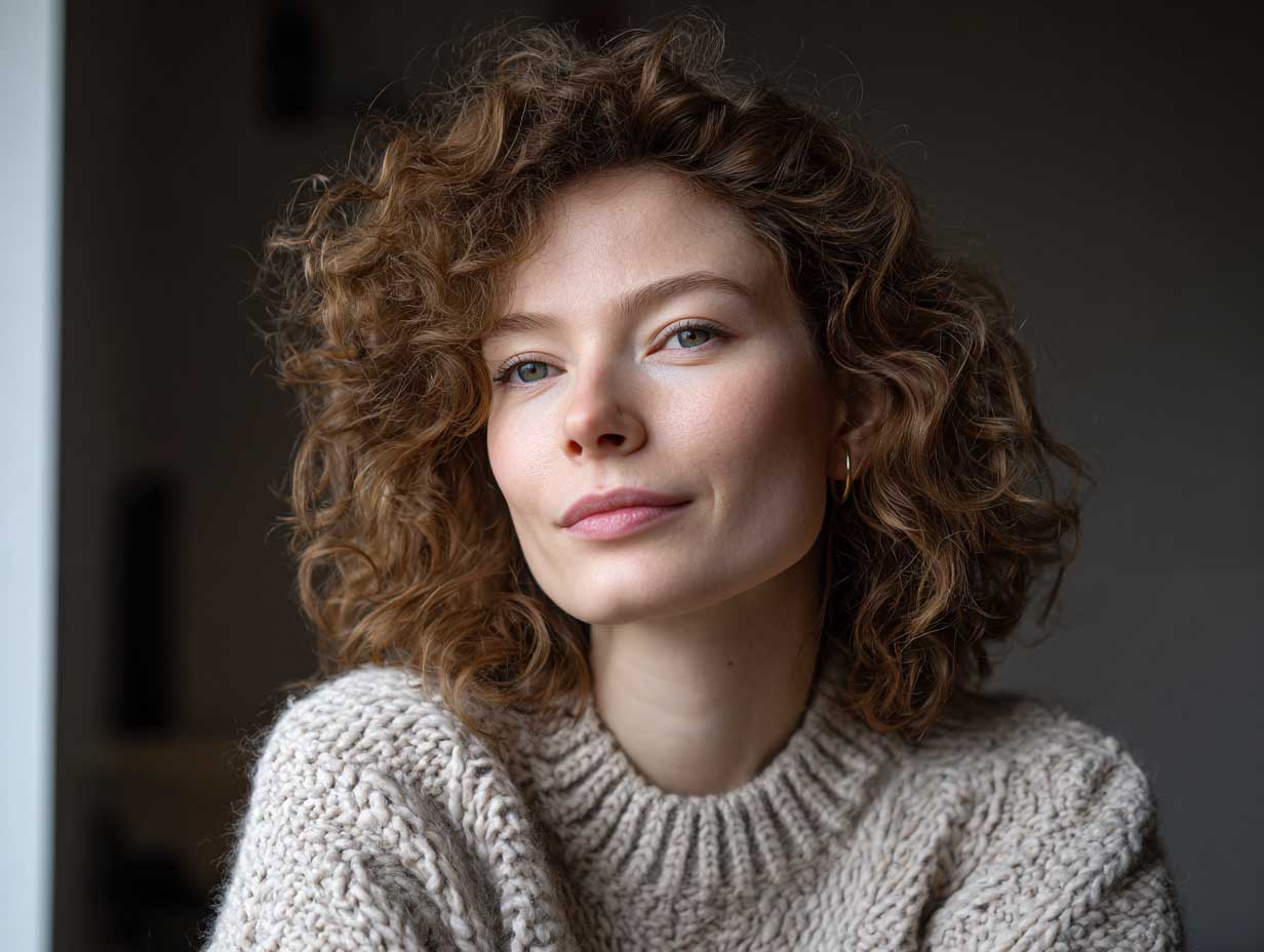 candid photo of a woman with thick light brown hair in a butterfly hair cut with natural texture, minimal makeup, cozy sweater, soft indoor lighting, relaxed aesthetic