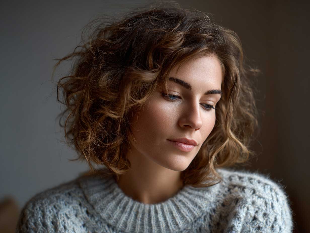 candid photo of a woman with thick light brown hair in a butterfly hair cut with natural texture, minimal makeup, cozy sweater, soft indoor lighting, relaxed aesthetic