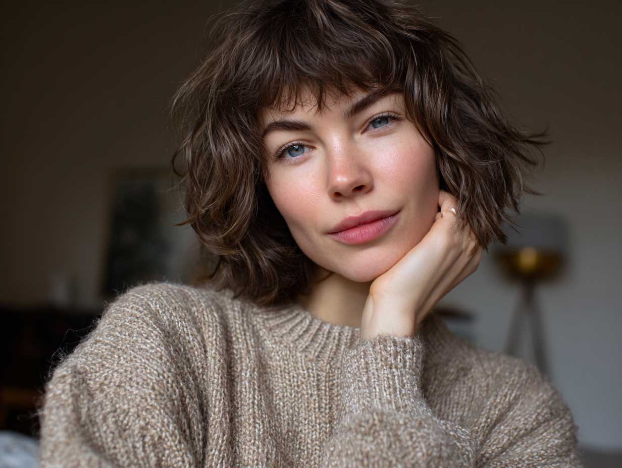 candid photo of a woman with thick light brown hair in a butterfly hair cut with natural texture, minimal makeup, cozy sweater, soft indoor lighting, relaxed aesthetic
