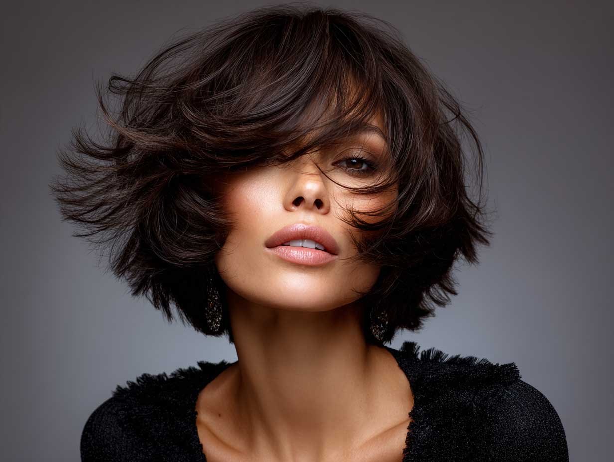 close-up portrait of a woman with thick dark brunette hair in a voluminous butterfly hair cut with feathered layers, wind-blown effect, studio lighting, soft background, high-definition photography