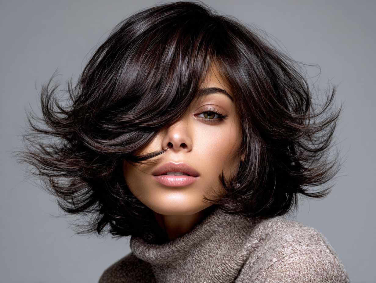 close-up portrait of a woman with thick dark brunette hair in a voluminous butterfly hair cut with feathered layers, wind-blown effect, studio lighting, soft background, high-definition photography