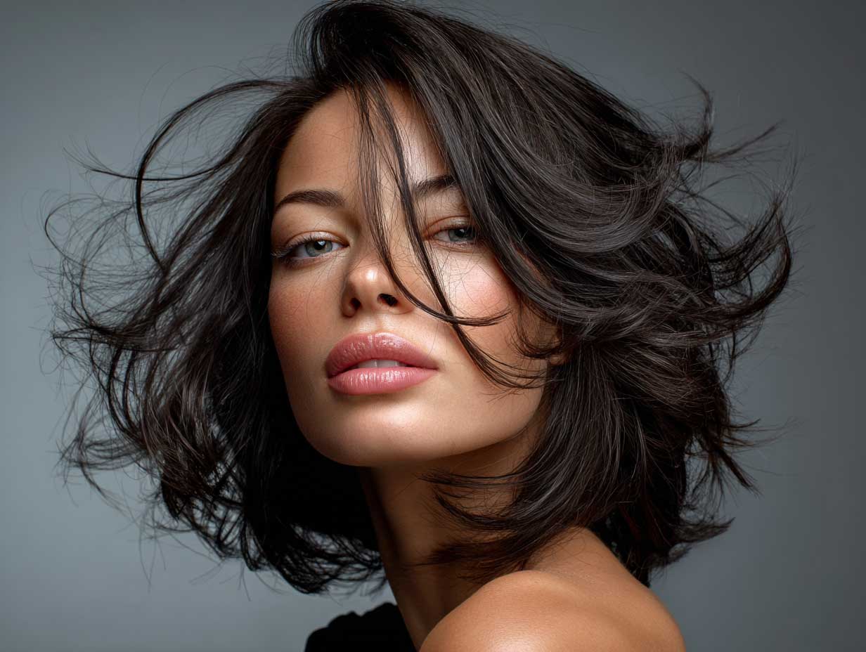 close-up portrait of a woman with thick dark brunette hair in a voluminous butterfly hair cut with feathered layers, wind-blown effect, studio lighting, soft background, high-definition photography