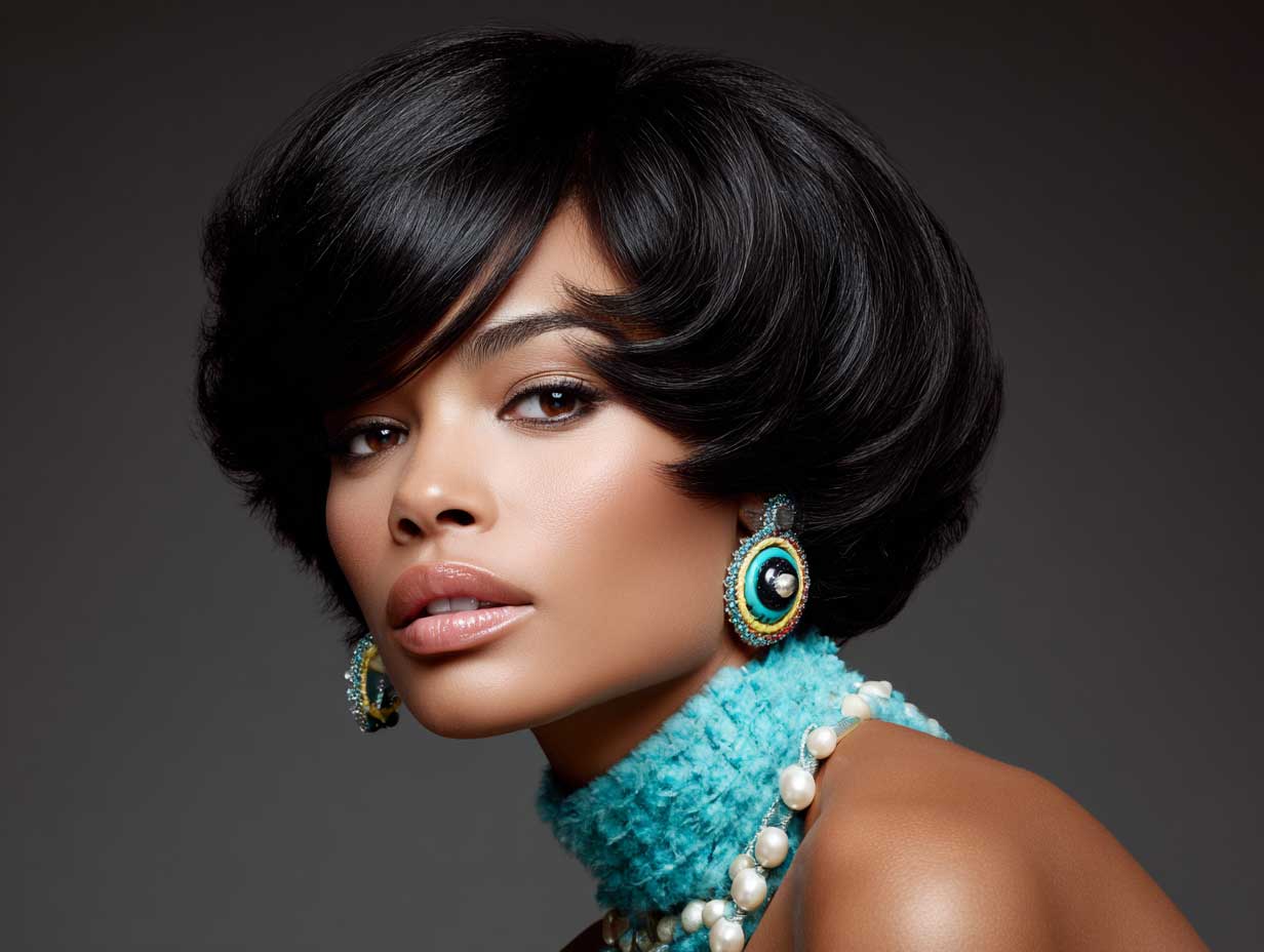 editorial photo of a woman with thick black hair in a butterfly hair cut with deep layers and flipped-out ends, retro makeup, 70s glam style, high-gloss finish, studio backdrop