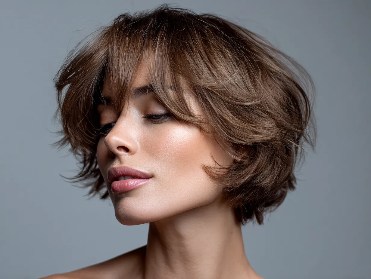 portrait of a woman with ash brown fine hair in butterfly layers haircut, cool tones, realistic texture, standing pose, soft daylight, unique facial features, minimal makeup, clean studio setting
