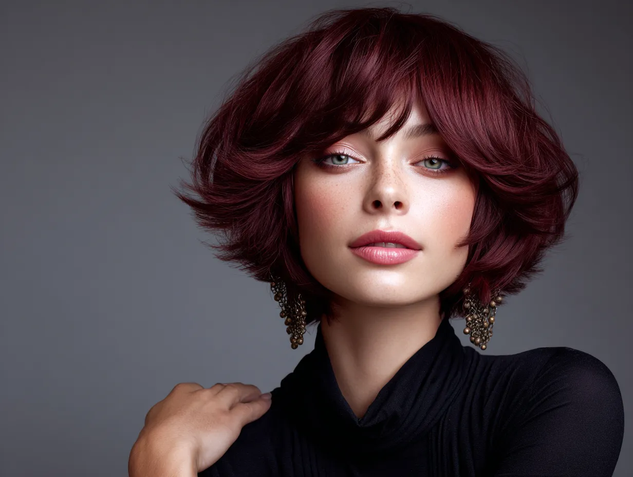 portrait of a woman with deep burgundy fine hair in butterfly layers haircut, layered movement, rich color depth, unique face, full-body pose, fashion-forward look