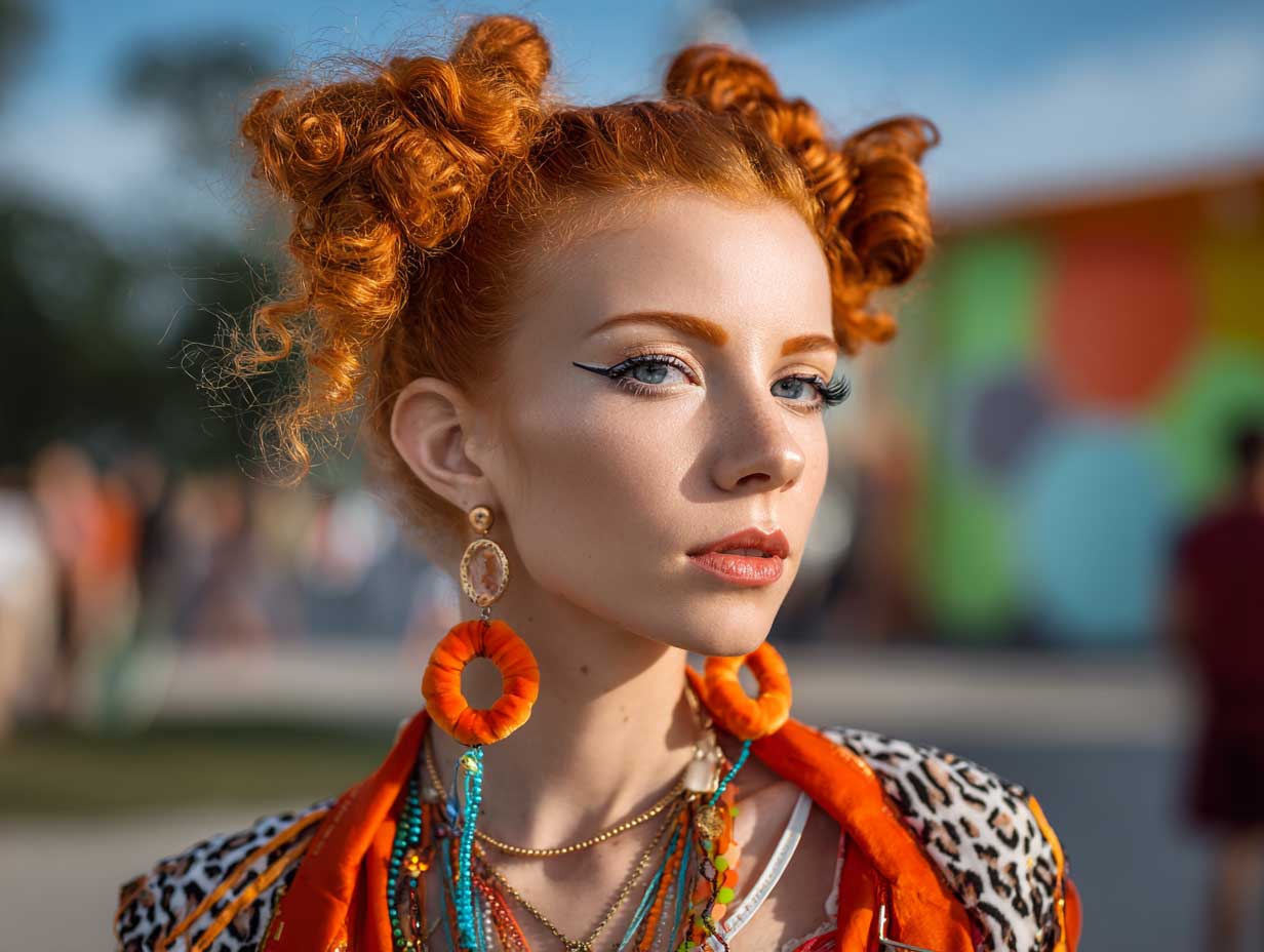 loose bubble ponytail carrot hairstyles, wrapped in neon threads, glowing orange hair, soft makeup, retro festival vibe, early morning sunlight, dreamy filter, eclectic outfit