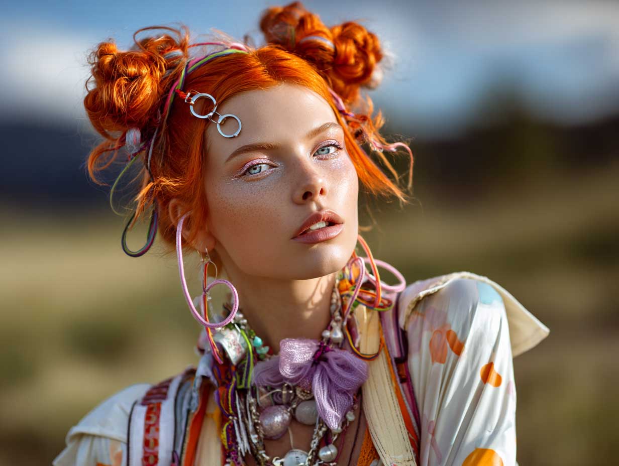loose bubble ponytail carrot hairstyles, wrapped in neon threads, glowing orange hair, soft makeup, retro festival vibe, early morning sunlight, dreamy filter, eclectic outfit