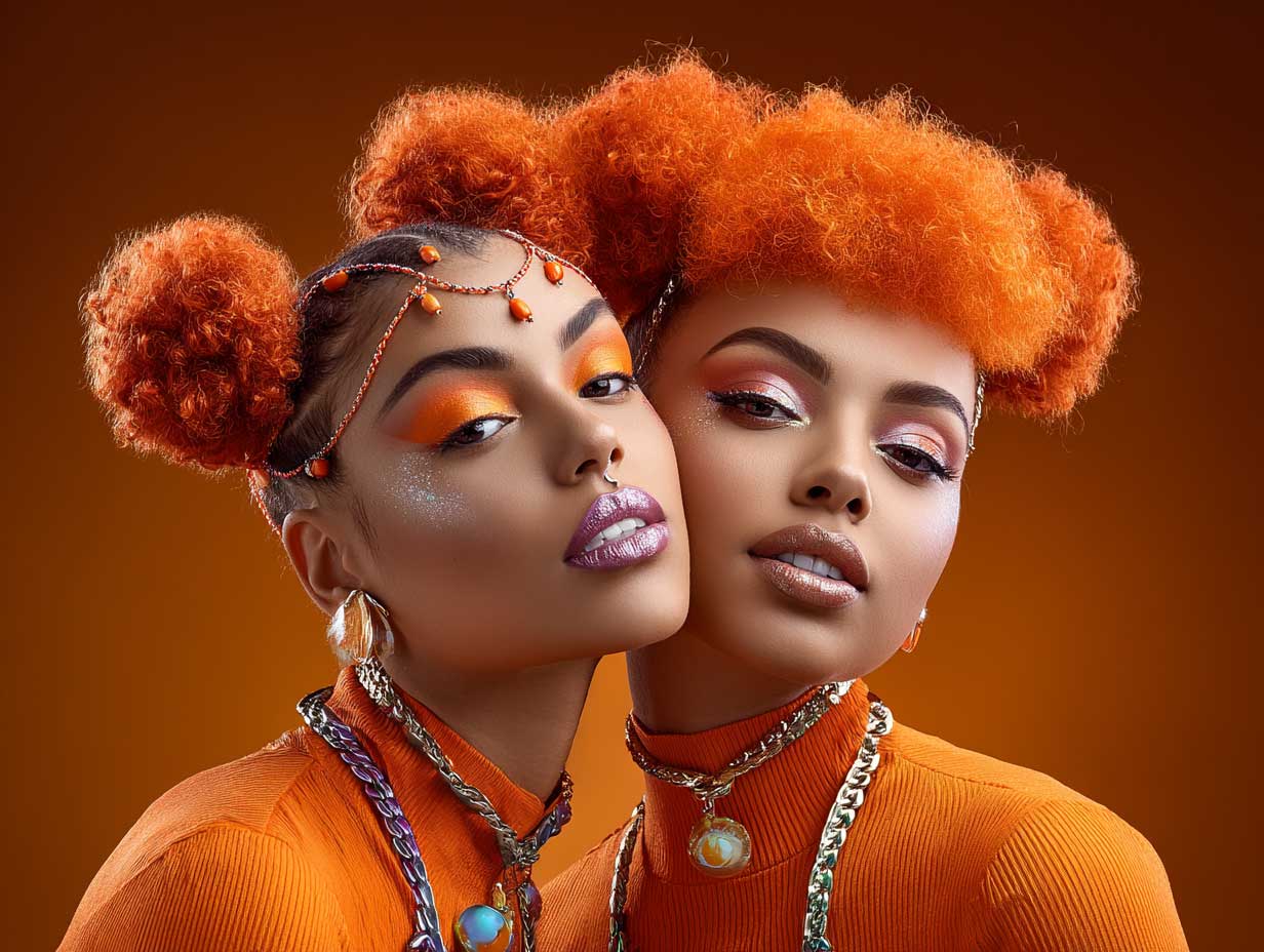 vibrant carrot hairstyles with braided space buns, glowing orange hair, gold beads, glitter makeup, festival background, dynamic lighting, editorial photo style, afro-futuristic vibe