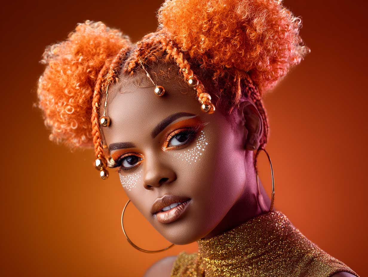 vibrant carrot hairstyles with braided space buns, glowing orange hair, gold beads, glitter makeup, festival background, dynamic lighting, editorial photo style, afro-futuristic vibe
