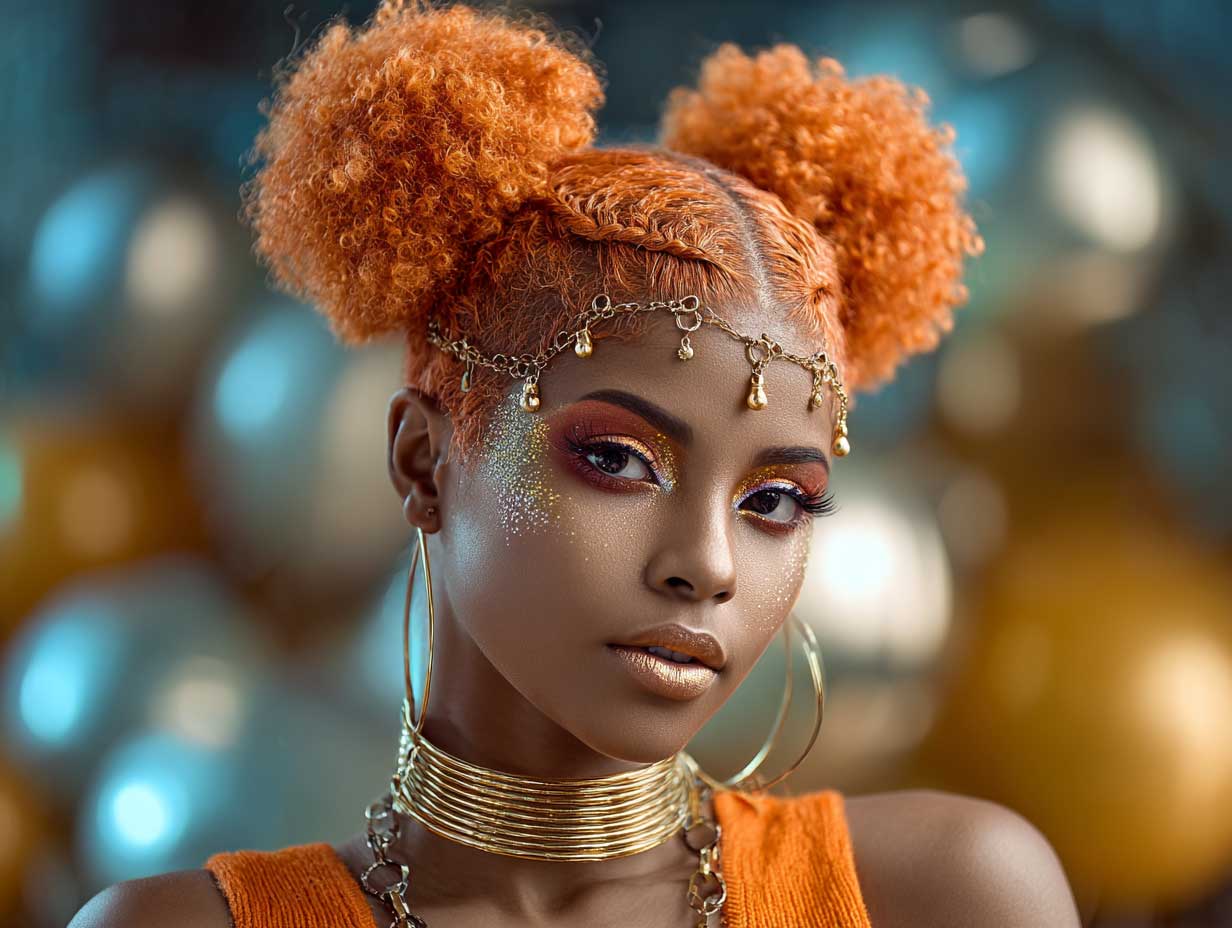 vibrant carrot hairstyles with braided space buns, glowing orange hair, gold beads, glitter makeup, festival background, dynamic lighting, editorial photo style, afro-futuristic vibe