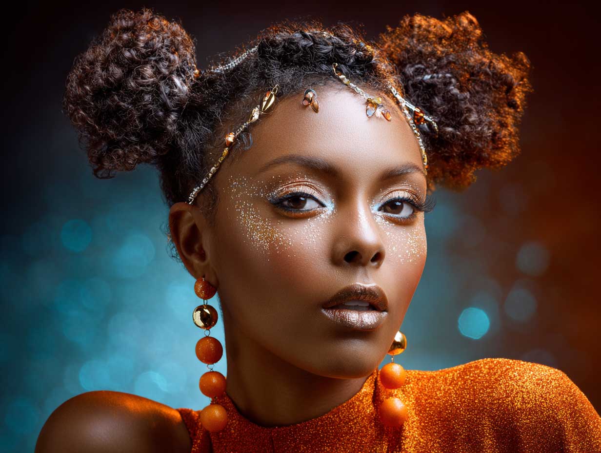 vibrant carrot hairstyles with braided space buns, glowing orange hair, gold beads, glitter makeup, festival background, dynamic lighting, editorial photo style, afro-futuristic vibe