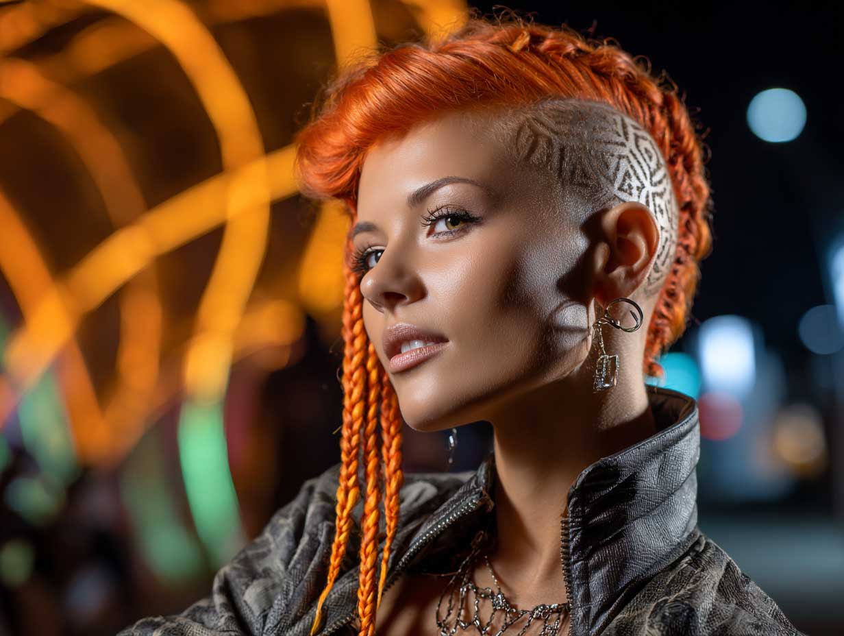 carrot hairstyles faux hawk braids, shaved sides with patterns, neon orange hair, futuristic cyberpunk fashion, night festival lights, dramatic shadows, edgy style, confident expression