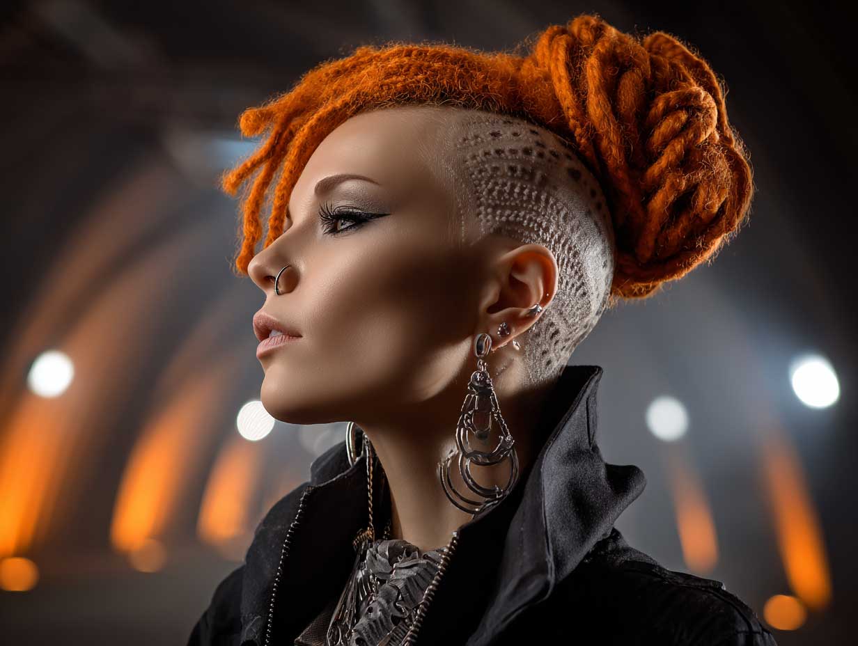 carrot hairstyles faux hawk braids, shaved sides with patterns, neon orange hair, futuristic cyberpunk fashion, night festival lights, dramatic shadows, edgy style, confident expression