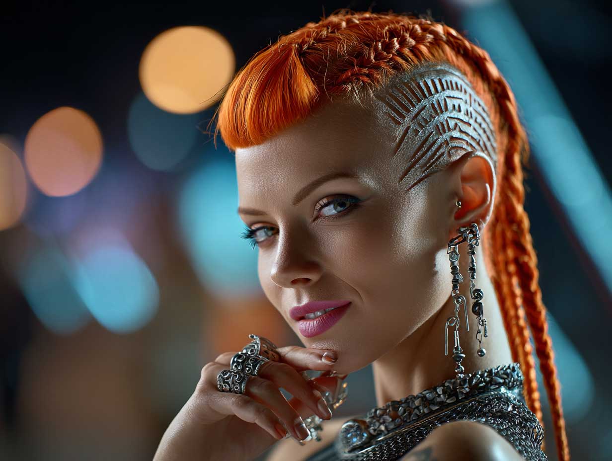 carrot hairstyles faux hawk braids, shaved sides with patterns, neon orange hair, futuristic cyberpunk fashion, night festival lights, dramatic shadows, edgy style, confident expression