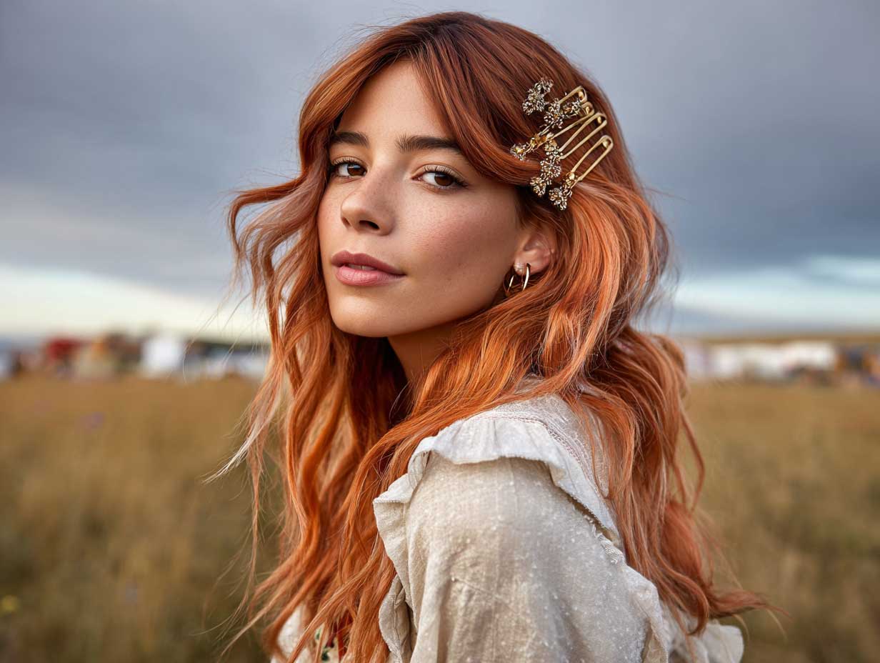 long wavy carrot hairstyles with soft layers, metallic fringe hair clips, orange ombre hair, indie music festival outfit, glowing skin, cinematic background light, open air field