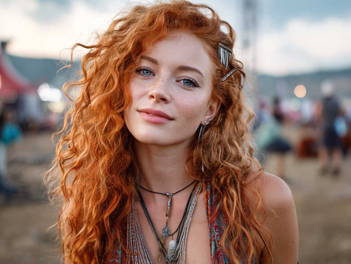 long wavy carrot hairstyles with soft layers, metallic fringe hair clips, orange ombre hair, indie music festival outfit, glowing skin, cinematic background light, open air field