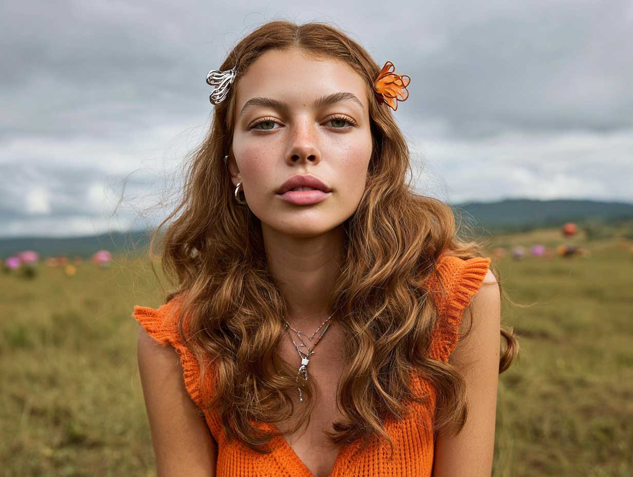 long wavy carrot hairstyles with soft layers, metallic fringe hair clips, orange ombre hair, indie music festival outfit, glowing skin, cinematic background light, open air field