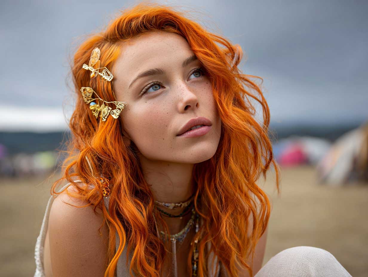 long wavy carrot hairstyles with soft layers, metallic fringe hair clips, orange ombre hair, indie music festival outfit, glowing skin, cinematic background light, open air field