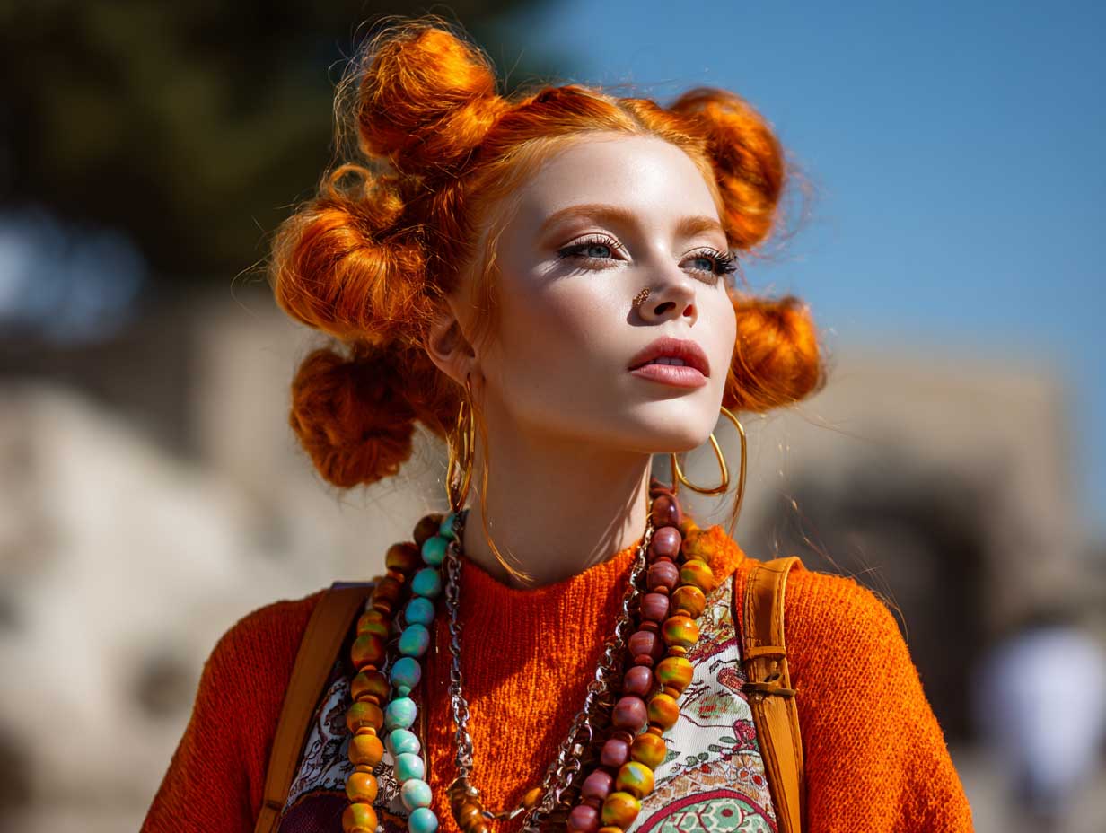 loose bubble ponytail carrot hairstyles, wrapped in neon threads, glowing orange hair, soft makeup, retro festival vibe, early morning sunlight, dreamy filter, eclectic outfit