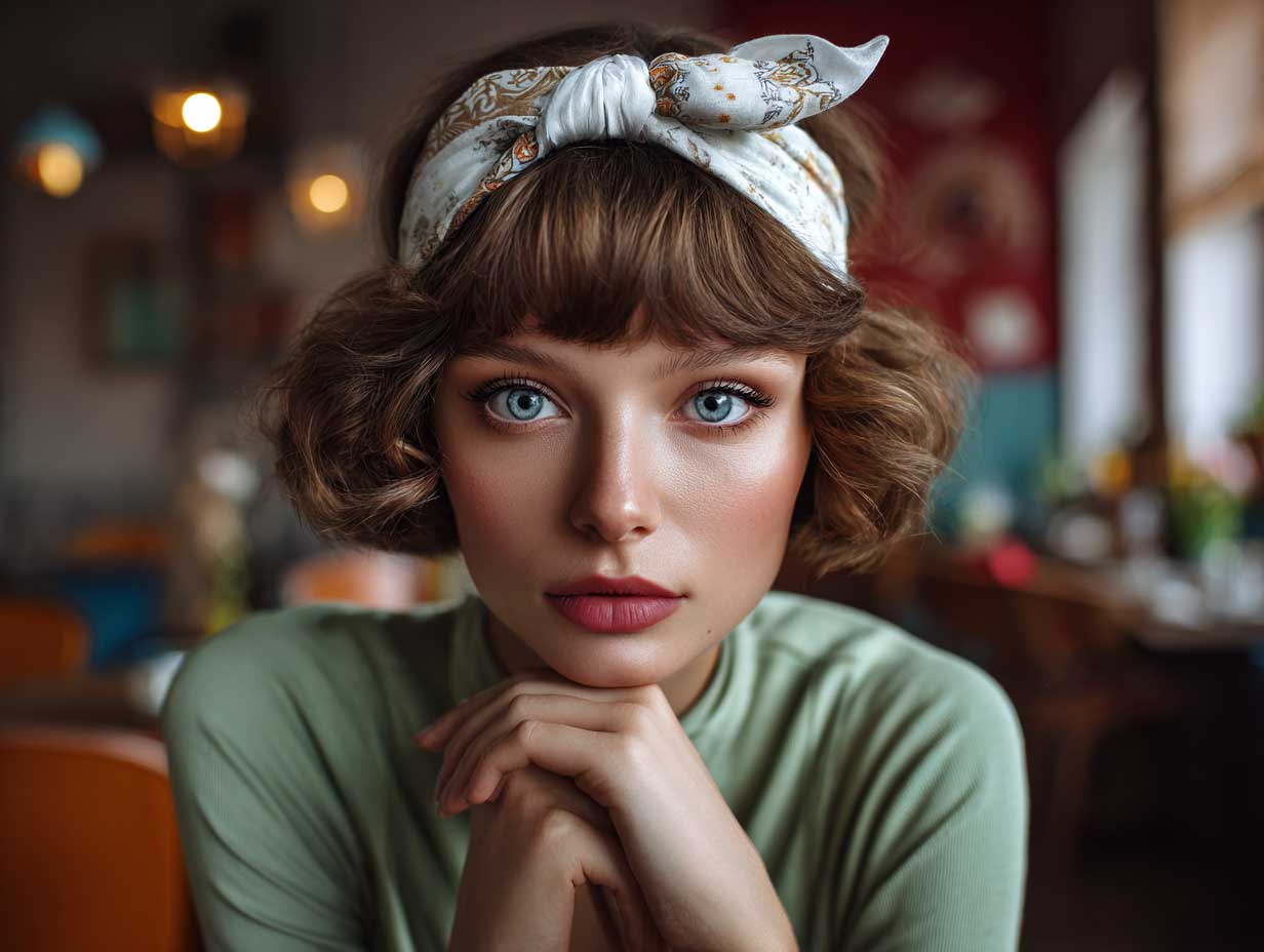 portrait of a woman with a chin length bob, textured waves, vintage silk headband, soft evening light, bohemian atmosphere, non-standard facial features, romantic spring café vibe, shallow depth of field