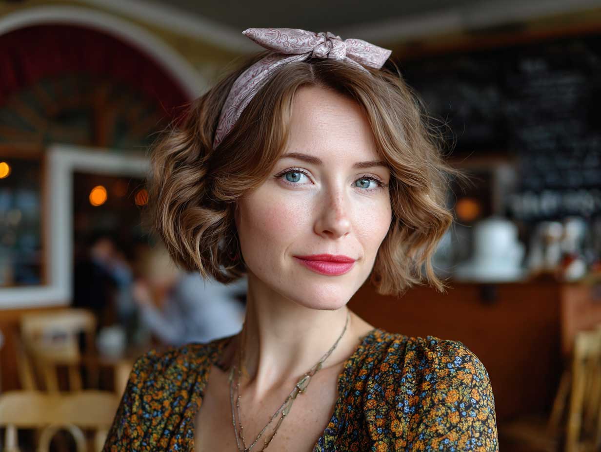 portrait of a woman with a chin length bob, textured waves, vintage silk headband, soft evening light, bohemian atmosphere, non-standard facial features, romantic spring café vibe, shallow depth of field